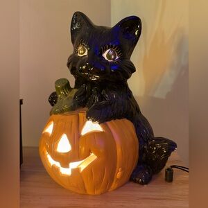 1970s Glenview Black Cat & Pumpkin Light Up Vintage Halloween Decor